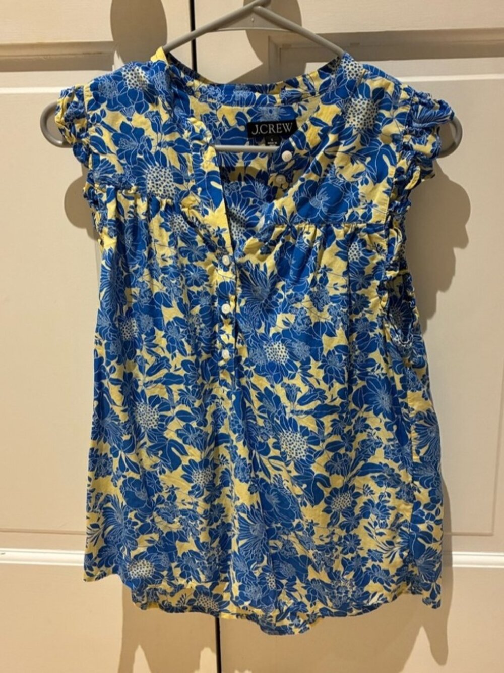 Blue and Yellow Floral Cap-Sleeve Blouse